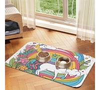 Tapis d'alimentation antidérapant et durable en similicuir absorbant l'eau pour animaux de compagnie avec jolis arcs-en-ciel et licornes 30 x 45 cm