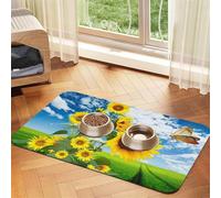 Tapis d'alimentation avec motif tournesols et papillons avec dessus en polyuréthane absorbant l'eau et base en caoutchouc - Tapis de nourriture antidérapant pour chiens, chats et animaux de compagnie