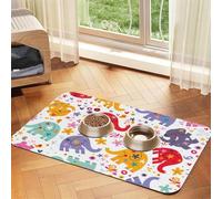 Tapis d'alimentation coloré à motif éléphant avec dessus en polyuréthane absorbant l'eau et base en caoutchouc - Tapis de nourriture antidérapant pour chiens, chats, animaux de compagnie, 30 x 45 cm