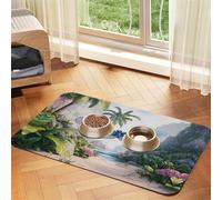 Tapis d'alimentation en cuir absorbant avec rendu 3D des paysages tropicaux pour chien et chat - Imperméable - Pas de taches - Séchage rapide - Antidérapant - 60 x 40 cm