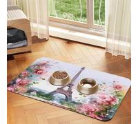 Tapis d'alimentation en cuir absorbant pour chien et chat Motif Tour Eiffel de Paris avec fleurs 30 x 45 cm