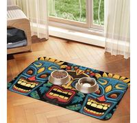 Tapis d'alimentation en cuir synthétique absorbant avec motif masque Tiki coloré pour chien et chat, protège les sols, envers en caoutchouc antidérapant, facile à nettoyer, 30 x 45 cm