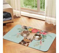 Tapis d'alimentation en cuir synthétique absorbant motif girafe avec motif floral pour chien et chat, protège les sols, envers en caoutchouc antidérapant, facile à nettoyer, 30 x 45 cm