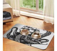 Tapis d'alimentation en cuir synthétique absorbant pour chien et chat, motif pieuvre et bateau, noir et blanc, protège les sols, dos en caoutchouc antidérapant, tapis de gamelle pour chien, facile à