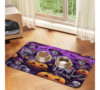 Tapis d'alimentation pour Animaux de Compagnie avec Motif citrouilles et crânes rigolos pour Halloween - Tapis Absorbant pour gamelles de Chien et Chat - 40 x 60 cm