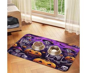 Tapis d'alimentation pour Animaux de Compagnie avec Motif citrouilles et crânes rigolos pour Halloween - Tapis Absorbant pour gamelles de Chien et Chat - 40 x 60 cm