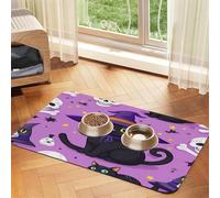 Tapis d'alimentation pour Animaux de Compagnie Halloween Black Cats, Petit Tapis de Nourriture pour Chien Violet à tête de Mort, Set de Table en Cuir Absorbant pour Chiens et Chats, Tapis de gamelle,