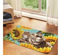 Tapis d'alimentation pour animaux de compagnie motif vache avec tournesols en bleu avec dessus en polyuréthane absorbant l'eau et base en caoutchouc - Tapis antidérapant pour chiens, chats et animaux