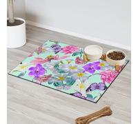 Tapis d'alimentation pour chat et chien Motif fleurs tropicales et papillons Tapis d'alimentation absorbant Nti-Slip Contiennent les déversements Protège les sols Set de table 30,4 x 50,8 cm