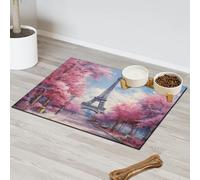 Tapis d'alimentation pour chat et chien Motif Tour Eiffel Paris Cherry Blossom Tapis d'alimentation absorbant Nti-Slip Contain Spills Protège les sols Set de table 30,4 x 50,8 cm