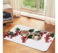 Tapis d'alimentation pour chien et gamelle d'eau antidérapant pour animaux de compagnie - Tapis absorbant pour chat - Branches de houx et de baies - Tapis de nourriture pour les sols - Sans taches