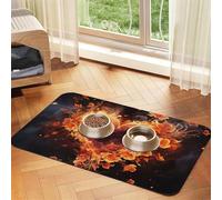 Tapis d'alimentation pour chien et gamelle d'eau antidérapant pour animaux de compagnie - Tapis absorbant pour chat - Fleurs de feu et cœur - Tapis de nourriture pour animaux de compagnie pour sols