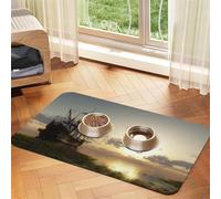 Tapis d'alimentation pour chiens et chats Motif bateau dans le lac Coucher de soleil Tapis d'alimentation pour chiens et chats Tapis de nourriture pour chien antidérapant Tapis de table à séchage