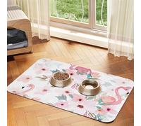 Tapis d'alimentation pour chiens et chats Motif floral avec flamant rose absorbant et imperméable Tapis de nourriture antidérapant Tapis de table pour gamelle à séchage rapide Nappe en cuir