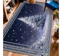 Tapis d'arbre de Noël, flocons de neige festifs d'hiver, plantes givrées de Noël, bleu, tapis rectangulaire doux résistant aux taches pour salon, chambre à coucher, dortoir, cuisine, décoration 1,2 x