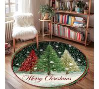Tapis d'arbres de Noël, flocons de neige festifs, vert neige, tapis de porte rond à poils courts avec bordure pour salle de bain, entrée, chevet, buanderie, 1,2 x 1,2 m