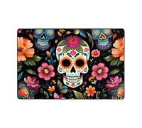 Tapis Day of the Dead en flanelle lavable pour salon, chambre à coucher, motif tête de mort en sucre et fleurs avec envers antidérapant pour décoration de maison et bureau 120 x 180 cm