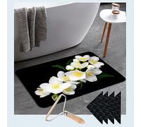 Tapis de bain à fleurs - 90 x 180 cm - Absorbant - Séchage rapide - Antidérapant - En diatomite - Pour douche, baignoire, cuisine, toilettes - Avec 4 pinces réutilisables et 1 brosse de nettoyage
