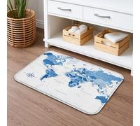Tapis de bain à séchage rapide avec motif carte du monde - Océan bleu vintage - Absorbant, antidérapant, lavable en flanelle - Pour salle de bains et toilettes, décoration 40,6 x 61 cm