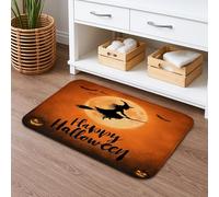 Tapis de bain à séchage rapide avec motif sorcière d'Halloween, orange, lune, balai, absorbant, antidérapant, en flanelle, pour décoration de salle de bain, 40,6 x 61 cm