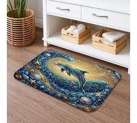 Tapis de bain à séchage rapide avec motif vagues de dauphin, antidérapant, absorbant, antidérapant, lavable en flanelle, pour salle de bain, 40,6 x 61 cm, bleu océan