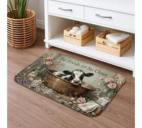 Tapis de bain à séchage rapide Motif floral de vache rustique avec roses de pêche et lavande, absorbant, antidérapant, lavable au printemps 40,6 x 61 cm