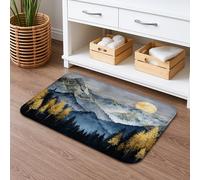 Tapis de bain à séchage rapide, motif paysage de montagne, bleu et doré, forêt, antidérapant, lavable en flanelle pour salle de bains et toilettes, 40,6 x 61 cm