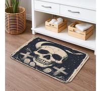 Tapis de bain à séchage rapide, motif tête de mort et croix vintage, gothique, foncé, absorbant, antidérapant, lavable en flanelle, pour Halloween, salle de bain et toilettes, 40,6 x 61 cm