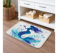 Tapis de bain à séchage rapide sur le thème de la sirène, motif aquarelle bleu océan, absorbant, antidérapant, lavable en flanelle pour salle de bain, toilettes, toilettes, décoration 40,6 x 61 cm