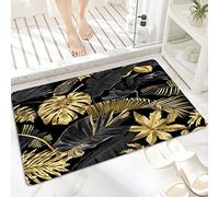 Tapis de Bain Antidérapant 60x100cm,Feuilles tropicales dorées et noires sur fon,Tapis de Sol Lavable en Machine avec Microfibre Douces Absorbant l'eau pour la Baignoire, la Douche et la Salle de Bain