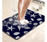 Tapis de bain antidérapant en luffa en PVC souple pour l'intérieur, lavable et séchage rapide pour surfaces glissantes, bleu marine minuit et blanc perlé, motif tortue et coquillage 90 x 120 cm