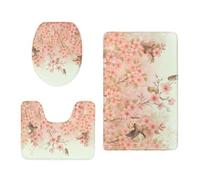 Tapis de Bain Antiderapant Fleur Orange Oiseau Tapis WC Contour Antidérapant Absorbant Mousse Mémoire Décoration de Salle de Bain 3 Pièces Lavable en Machine 45x75 cm