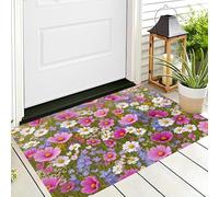 Tapis De Bain Antidérapant, Paillasson Moelleux En Microfibre, Tapis De Porte D'Entrée Fleurs Sauvages Prairie Illustration Botanique, Paillasson Absorbant L'Eau, Lavable, 40X60Cm, Rose Et Vert