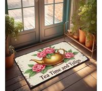 Tapis de bain antidérapant pour salle de bain Motif théière dorée avec roses roses : un signe de l'heure du thé vintage 65 x 90 cm