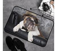 Tapis de Bain Antiderapant,Tapis Salle de Bain en Mousse à Mémoire Douce,Portrait de bouledogue anglais se reposant dans un fauteuil en cuir noir avec un ,Tapis de Bain Lavable pour Baignoire 40x60 cm