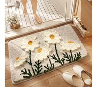 Tapis De Bain AntiderapantFleurs Blanches Feuilles Vertes Tapis de bain en microfibre Douce,Super épais-Lavable en machine-Antidérapant-Super absorbant-Anti-moisissure,pour Baignoire,Chambres 40x60cm