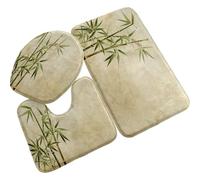Tapis de Bain Bambou Vert Beige Tapis Toilette WC Contour Mousse Mémoire Antiderapant Absorbant Séchage Rapide Lavable Couvercle pour Abattant WC 3 Pièces Décoration Maison 45x75 cm