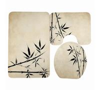 Tapis de Bain Beige Noir Bambou Tapis Toilette WC Contour Mousse Mémoire Antiderapant Absorbant Séchage Rapide Lavable Couvercle pour Abattant WC 3 Pièces Décoration Maison 45x75 cm