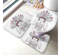 Tapis de bain Bunny Lot de 3 pièces Lapin de Pâques en bonnet ethnique bohème avec plumes aztèques Mot d'esprit Tapis de salle de bain Grand tapis Couvercle de siège de toilette Tapis antidérapant T