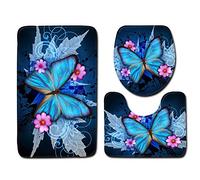 Tapis de Bain BVWSBGF Ensemble 3 Pièces Motif Papillon Bleu 45 x 75 cm Résistant aux Taches Antidérapant Lavable en Machine