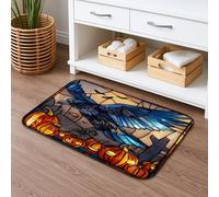Tapis de bain d'Halloween en verre teinté bleu corbeau et citrouille, absorbant, antidérapant, lavable en flanelle pour salle de bain, toilettes, toilettes, 50,8 x 81,3 cm