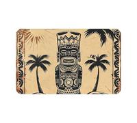 Tapis de bain en flanelle ultra douce 51 x 80 cm, motif Tiki, totem tribal, palmier et soleil hawaïens, style vintage, antidérapant et absorbant, idéal pour salle de bain, cuisine et chambre.