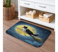 Tapis de bain fantaisie avec chien noir sur balai, thème Halloween, absorbant, antidérapant, en mousse à mémoire de forme, lavable pour salle de bain et toilettes, 50,8 x 81,3 cm
