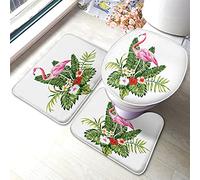 Tapis de bain Flamingo Lot de 3 pièces Oiseaux exotiques tropicaux Flamant rose Feuilles de palmier Fleur Tapis de salle de bain Grand tapis Couvercle de siège de toilette Tapis antidérapant Tapis a