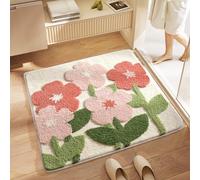 Tapis de Bain Fleur Rose Vert Tapis Douche Antidérapant Moelleux Microfibre Tapis Salle de Bain Lavable Machine Bath Mat Absorbant d'eau Epais Rug 50x80cm