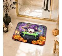 Tapis de bain Halloween Bull Terrier Chien Sorcière 40,6 x 61 cm | Chapeau de sorcière, tapis de bain, chaudron bouillonnant, jack-o'-lanternes, illustration fantaisie