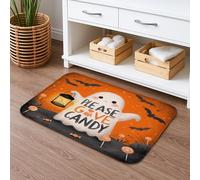 Tapis de bain Halloween Ghost Please Give Candy - Tapis de douche antidérapant et absorbant en flanelle lavable pour salle de bain et toilettes - Orange - 50,8 x 81,3 cm