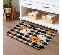 Tapis de bain Halloween Ghost Pumpkin à séchage rapide - Motif à carreaux noirs et blancs - Tapis de douche antidérapant - Lavable en mousse à mémoire de forme - 50,8 x 81,3 cm