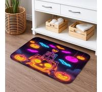 Tapis de bain Halloween motif citrouille squelette fluo coloré lumineux décoration chauve-souris antidérapant en flanelle lavable pour salle de bain WC toilettes 50,8 x 81,3 cm