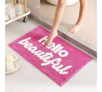 Tapis de bain Hello Beautiful antidérapant, design mignon, facile d'entretien, lettre rose, carré, absorbant, 50 x 80 cm, flocage (rose)